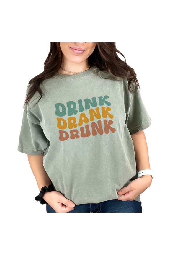 Drink, Drank, Drunk, Drinker or Drinking Themed Quote, Groovy Retro Wavy Text, Moss Comfort Colors T-Shirt, XL