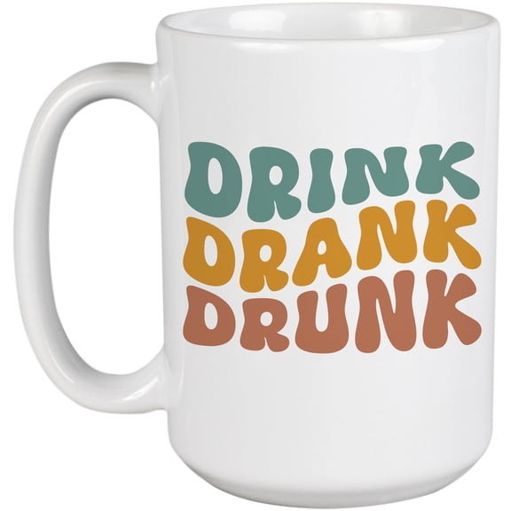 Drink, Drank, Drunk, Drinking Quote, Groovy Retro Wavy Text Merch Gift, White 15oz Ceramic Mug