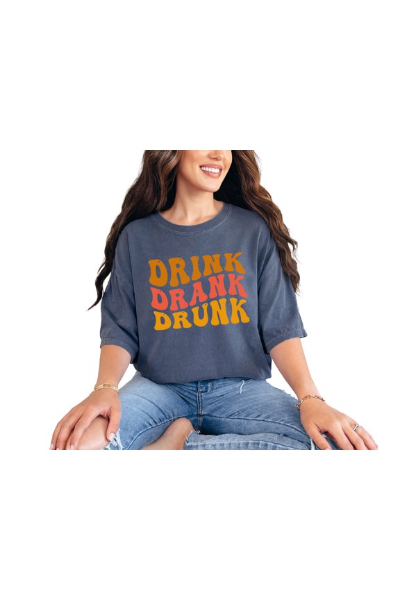 Drink, Drank, Drunk, Drinking or Drinker Themed, Groovy Retro Wavy Text, Denim Comfort Colors T-Shirt, Small