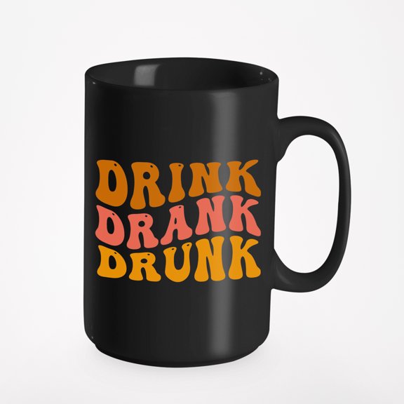 Drink, Drank, Drunk, Drinking or Drinker Themed, Groovy Retro Wavy Text Merch Gift, Black 15oz Ceramic Mug