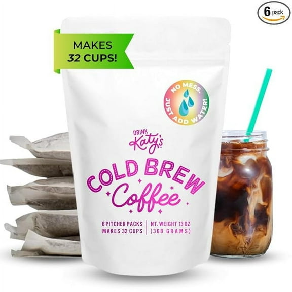 Drink Katys Cold Brew Coffee Packs, 6 Large Ready-to-Brew Pitcher Packets, No More Messy Cold Brew, Smooth & Delicious Dark Roast Brazilian Craft Coffee, Proudly Woman-Owned (Makes 32 Servings)
