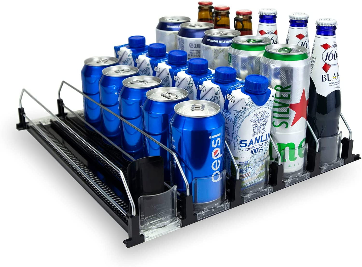Rack Stackable Beverage Holder Soda Can Dispenser, 5Row Adjustable Fridge Organizer, Black