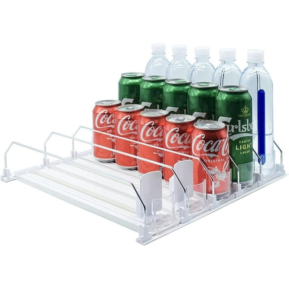 Drink Organizer for Fridge, Fridge Organizer Automatic Pusher Glide Width Storage 25 Cans (White)