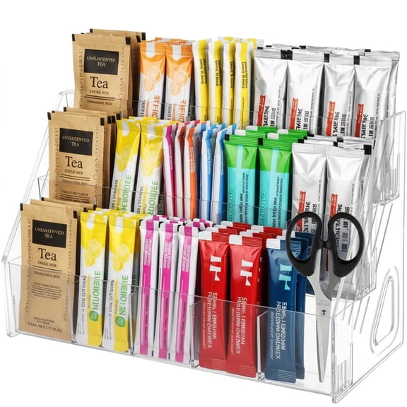 Drink Packet Organizer with Scissors, Water Drink Packet Holder with Removable Divider, Water Flavor Packet Organization Container for Kitchen Organizers and Storage