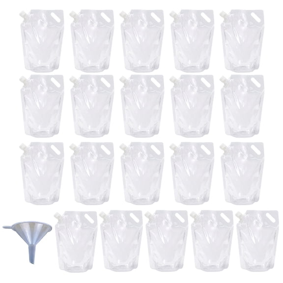 Drink Pouches, 20-Pack Clear Stand-up Spout Bags with 1 Filling Funnel Disposable Plastic Flasks for Juice Milk and Liquid Storage for Travel and Party, Transparent