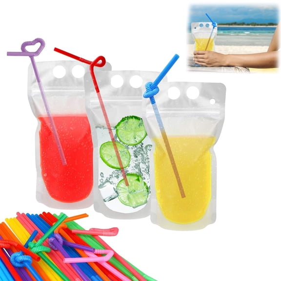 Drink Pouches 500ml Freezable Translucent Reclosable Zipper Bags with Straws Food Grade Stand Up Cold Hot Drinks Party Storage.(50Pcs)
