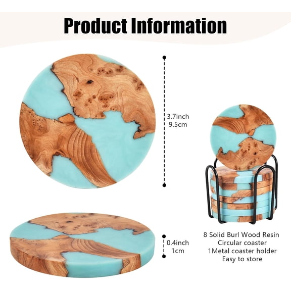 Drink  Set, Wooden Absorbent Coasters, Epoxy Resin  for Coffee Table, Tabletop Protection Decor, Modern Coasters Set of 8 with Holder