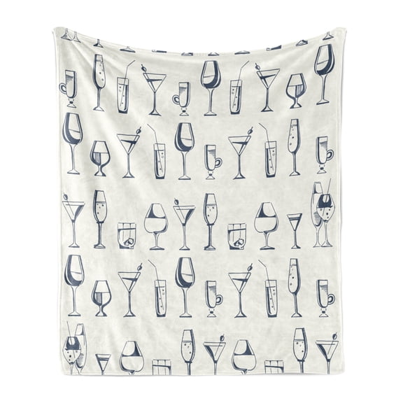 Drink Soft Flannel Fleece Blanket, Repeating Pattern with Hand Drawn Alcohol Beverages and Cocktails Glasses, Cozy Plush for Indoor and Outdoor Use, 50" x 70", Dark Violet Off White, by Ambesonne