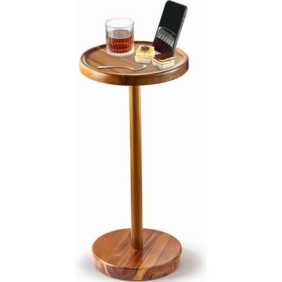 Drink Table, 24.4" Tall Compact Side Table with Phone Slot and Weighted Base, Durable Pedestal Table Accent for Living Room, Bedroom, or Office, Martini and Cocktail (Acacia)