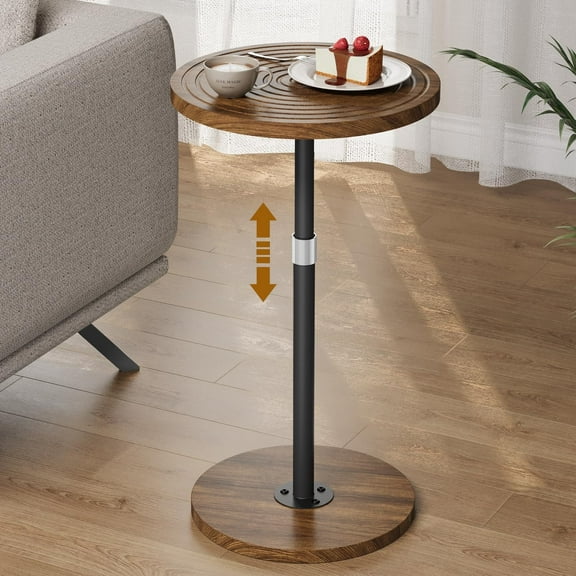Drink Table, Adjustable-Height Round Small Side Table, Pedestal Martini Stand, Weighted Base Cocktail Table Accent Nightstand for Living Room, Bedroom, Bathroom, Office, Walnut