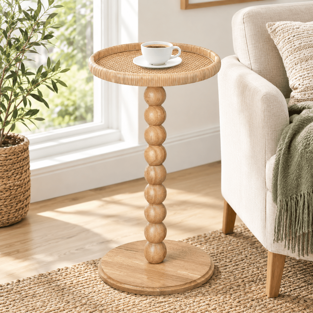 Small Rounded Simple Tables Drink Table Boho Rattan Small Round Side For Spaces Solid Wood Circle ...