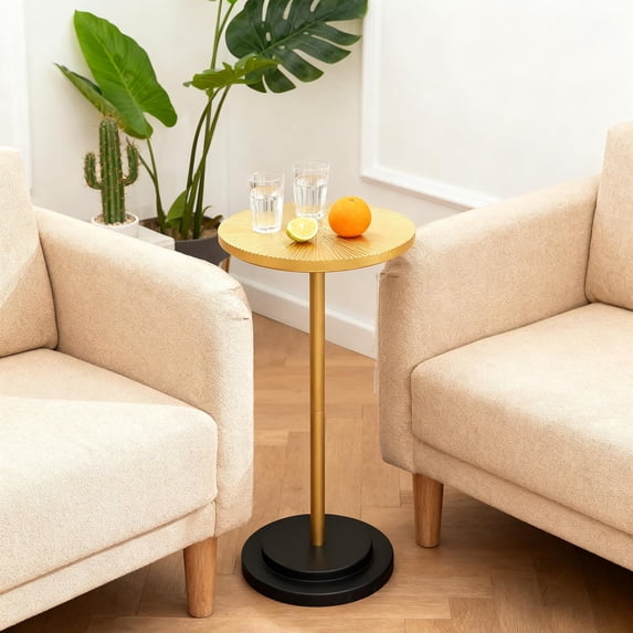 Drink Table, Carved Table Top Martini Table, Small Side Table, Weighted Base Pedestal Table for Living Room, Bedroom, Bathroom, Gold and Black