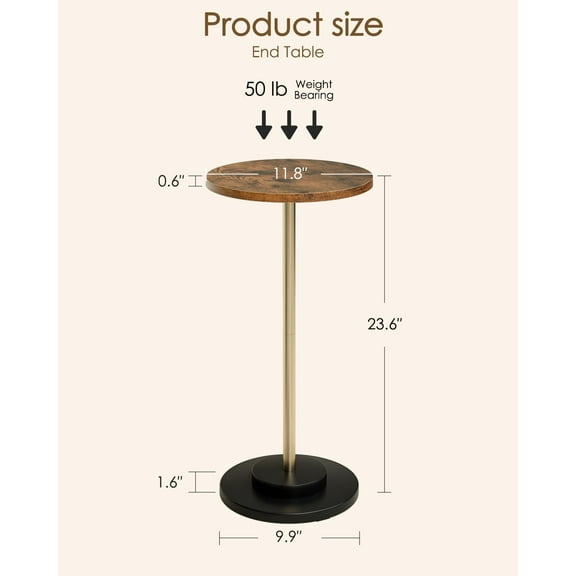 Drink Table, Round Side Table for Small Spaces, Pedestal End Table with Metal Base, Rustic Brown