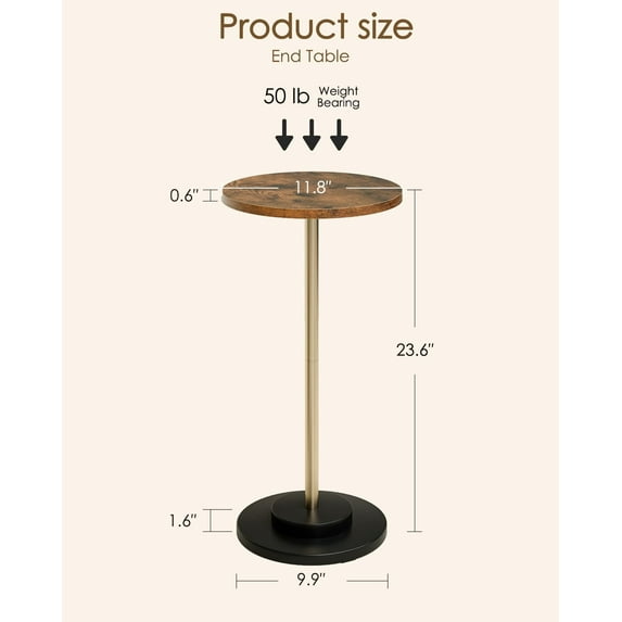 Drink Table, Round Side Table for Small Spaces, Pedestal End Table with Metal Base, Rustic Brown
