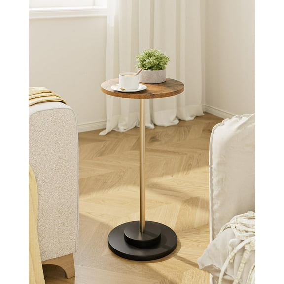 Drink Table, Round Side Table for Small Spaces, Pedestal Small End Table with Metal Base, for Living Room, Bedroom, Bathroom, Rustic Brown