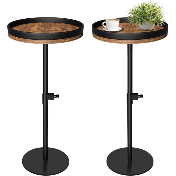 Drink Table, Small Round Side Table Height Adjustable Martini Table with Weighted Metal Base, Pedestal Table for Small Spaces, Accent Table for Living Room, Bedroom, Bathroom(Brown-2)