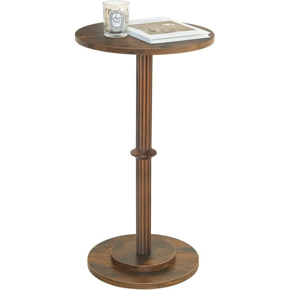 Drink Table, Small Side Table for Small Spaces, Modern Round End Table with Fluted Wood Leg, Rustic Brown
