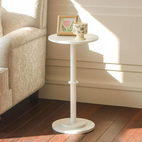 Drink Table, Small Side Table for Small Spaces, Modern Round End Table with Fluted Wood Leg, White