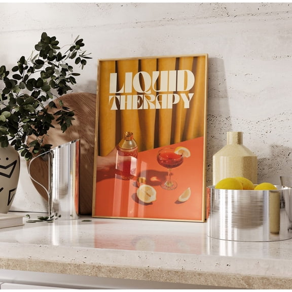 Drink Therapy Poster Retro Kitchen Wall Art Cocktail Bar Decor, Unframed Canvas 8x10in