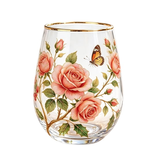 Drink Tumbler Rose Gold Rim Decorative Drinking Glass Lead-Free Glass for Tea Juice, Christmas Gift Housewarming Gift Kitchen and Dining Decor