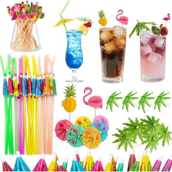 Drink Umbrellas, 180PCS Cocktail Drink Accessories Includes Umbrella Straws, Umbrella Toothpicks, Decoration Picks for Aloha Tropical Hawaiian Luau Party