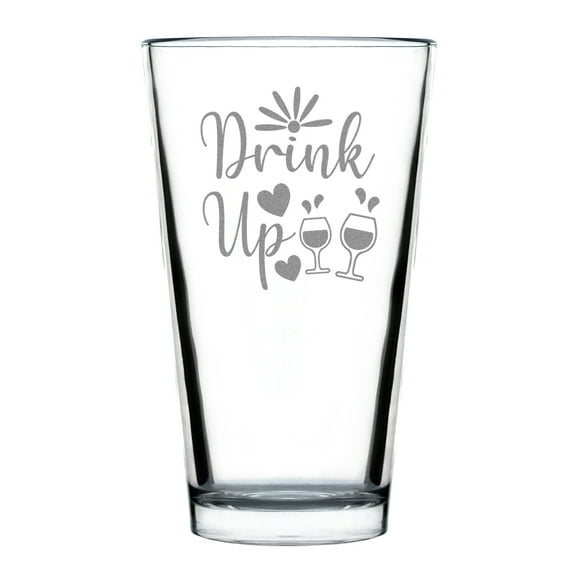 Drink Up Hand Engraved Pint Glass, Funny Etched 16oz Beer Unique Barware Gift, Dishwasher Safe, Customizable Bar Accessory