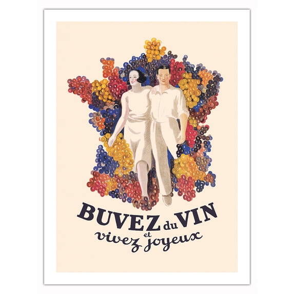 Drink Wine and Live Joyfully (Buvez du Vin et Vivez Joyeux) - Vintage French Advertising Poster by Leonetto Cappiello c.1933 - Fine Art Matte Paper Print (Unframed) 24x32in