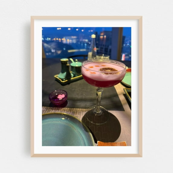 Drink at the Rooftop - Photography Cocktail Cityscape Nightlife Restaurant Decor Bar Skyline Japanese Food Oak Framed Wall Art Print 5 x 7 inches
