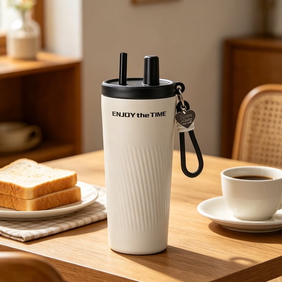 Drink flask, stainless steel insulated bottle, built in straw design, 520ml capacity, for camping office home daily beverage holding