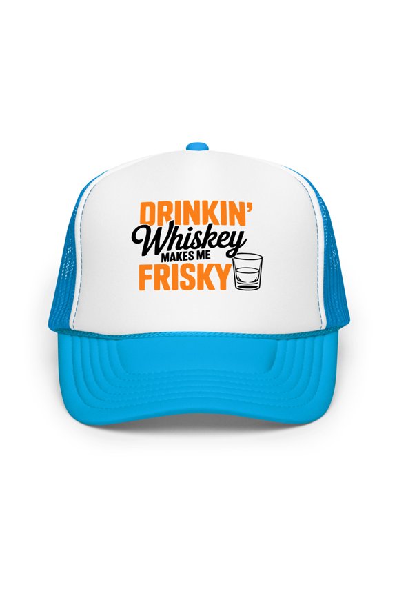 Drinkin' Whiskey Makes Me Friskey Foam Trucker Hat, Funny Mesh Snapback Cap for Day Drinking and Outdoor Parties (Blue / White / Blue)