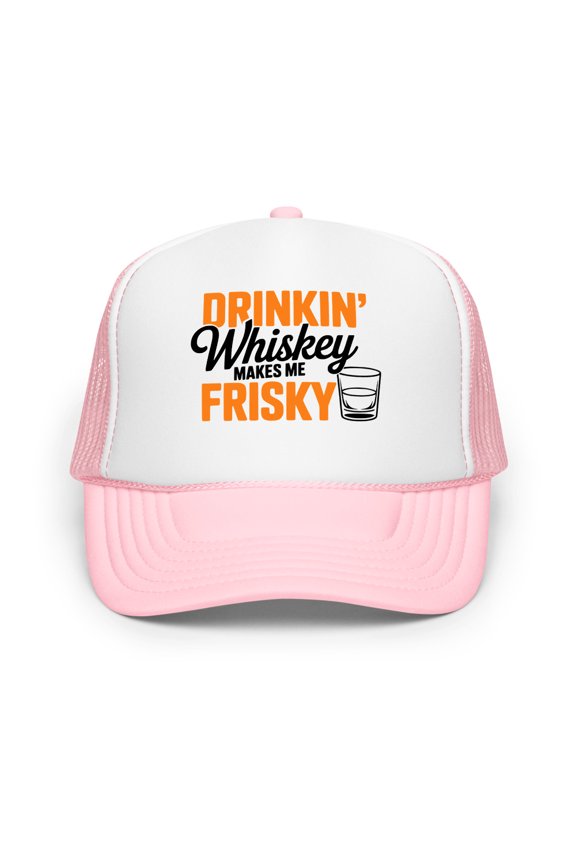 Drinkin' Whiskey Makes Me Friskey Foam Trucker Hat, Funny Mesh Snapback Cap for Day Drinking and Outdoor Parties (Light Pink / White / Light Pink)
