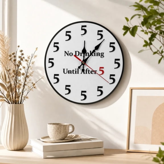 No Drinking Until After 5 Round Wall Clock, Funny Silent Non-Ticking Analog Wall Clock, Novelty Happy Hour Drinking Sign Decor for Home Kitchen Office Bar(a)