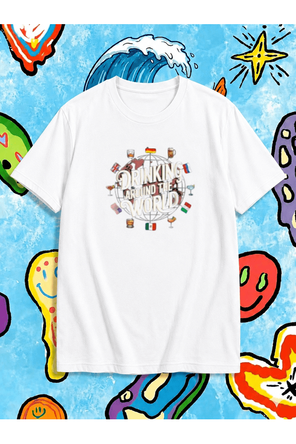 Drinking Around The World Globe Flags Cocktail T-Shirt, for men & women, S-5XL