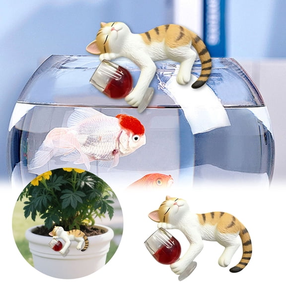 Drinking Cat Statue, Resin Sleeping Cat Figurine, Glass Holder Ornament for Balcony - Outdoor Garden Decor for Courtyard (Yellow)