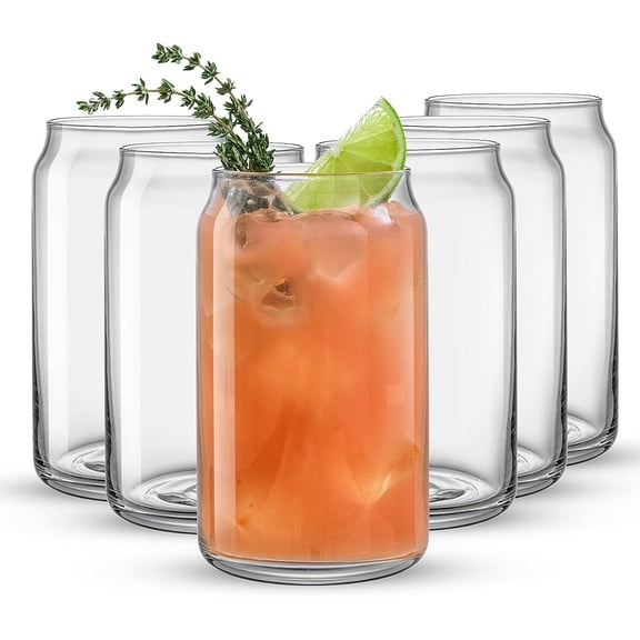 Drinking Glass Cups Set of 6-16oz Beer Can Glasses. Clear Soda Can Shaped Glass Cups, Cute Iced Coffee Cup Tumblers, Cold Drink Glassware, Unique Water, Tea, Cocktail Glass Set