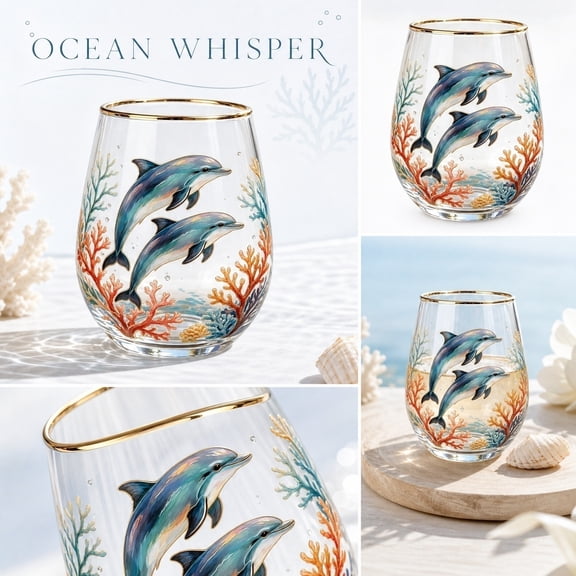 Drinking Glass, Stemless Glass, Nautical Decor, Coastal Decor, 1 Pack 4.5X2.5 Inch Printed Glass Cup, Dolphin Coral Ocean Pattern Gold Rimmed Water Cup for Home Daily Use, Juice