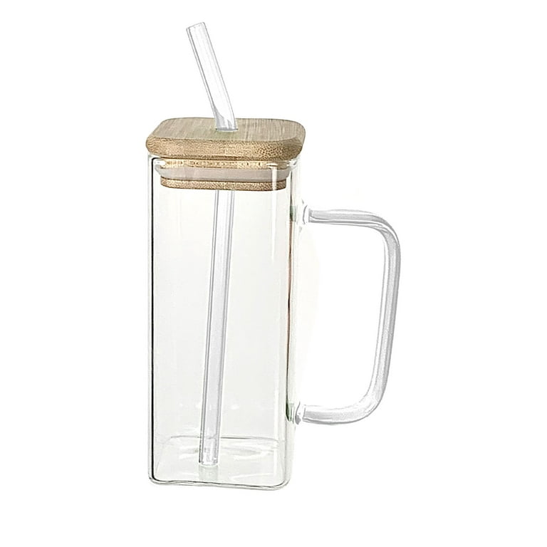 400ml Square Glass Cup with Colored Handle Straw Hot and Cold