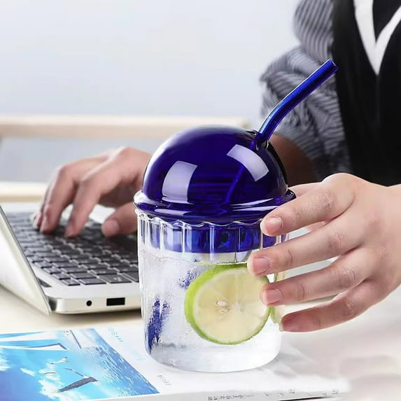 Drinking Glasses under $5! Xqxayjr Glass Tumbler with Dome Lid and Straw, Reusable Wide Mouth Milkshake Cup for Iced Coffee, 15oz Beverage Glass for Home Bar Office