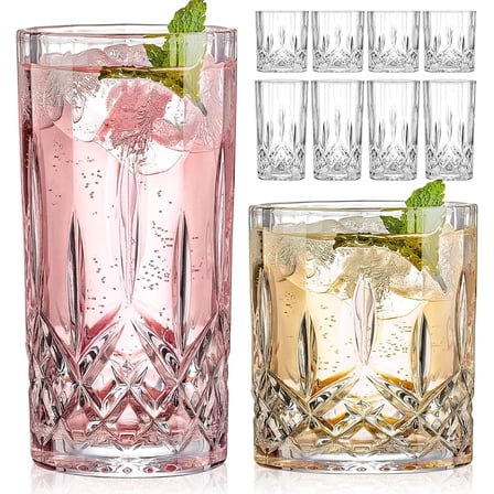 Drinking Glasses, 8 Piece Crystal Glass Cups, Mixed Glassware Set, 4 pcs Crystal Old Fashioned 11oz Highballs and 4 pcs 11oz Whiskey Glasses, Great for Cocktail, Whisky and other Beverages