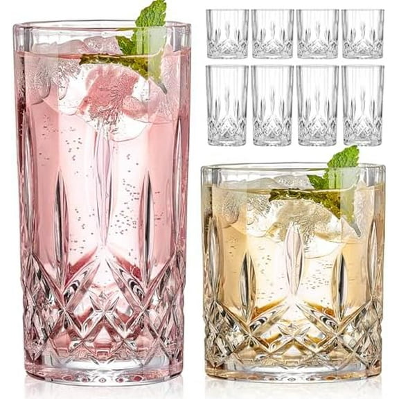 Drinking Glasses, 8 Piece Crystal Glass Cups, Mixed Glassware Set, 4 pcs Crystal Old Fashioned 11oz Highballs and 4 pcs 11oz Whiskey Glasses, Great for Cocktail, Whisky and other Beverages
