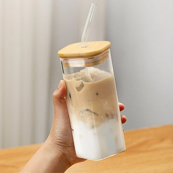 Drinking Glasses with Bamboo Lids and Glass Straw - 16 Oz Can Shaped Glass Cups for Beer, Ice Coffee, Cute Tumbler Cup Great for Soda Boba Tea Cocktail