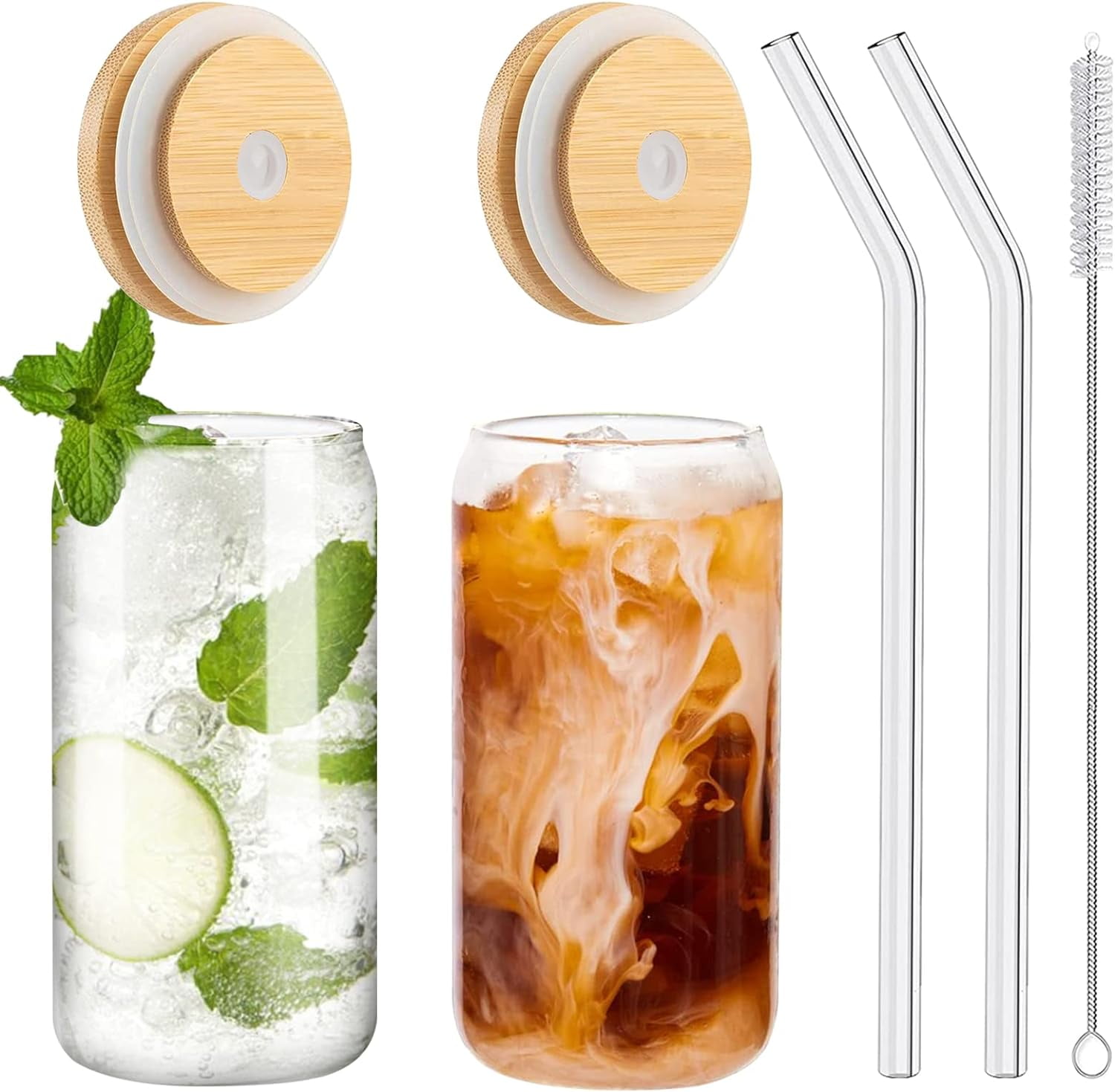 Drinking Glasses with Bamboo Lids and Glass Straw 2PCS Set, 16oz Cups ...