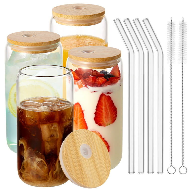 Transparent Glass Cups with Bamboo Lids and Glass Straw, 4pcs 16oz Can Shaped Glass Cups, Beer Glasses, Iced Coffee Glasses, Cute Tumbler Cup, Ideal