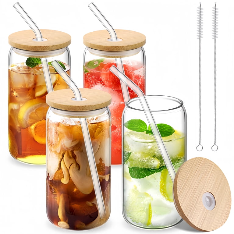 Drinking Glasses with Bamboo Lids and Glass Straw 4pcs Set - 16oz Can  Shaped Cups, Beer Glasses, Iced Coffee Cute Tumbler Cup, Ideal for  Cocktail, ...