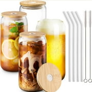 Drinking Glasses with Bamboo Lids and Glass Straw 4pcs Set - 16oz Can Shaped Glass Cups, Beer Glasses, Iced Coffee Glasses, Cute Tumbler Cup, Ideal for Cocktail, Whiskey, Gift - 2 Cleaning Brushes