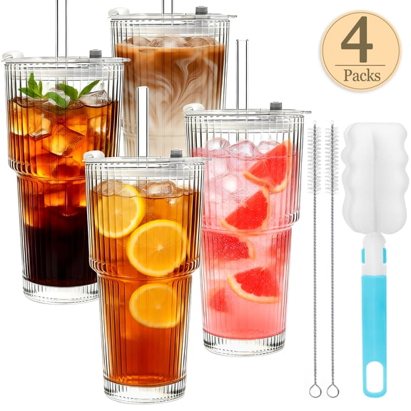 Iced Coffee Cups with Lids, 4 Packs Ribbed Glass Tumbler with Straws and Lids, 20oz Leak Proof Tumbler Coffee Bar Accessories Reusable Glass Cups for To Go Iced Coffee