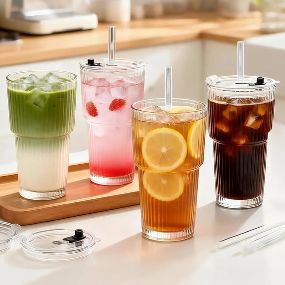 Iced Coffee Cups with Lids, 4 Packs Ribbed Glass Tumbler with Straws and Lids, 20oz Leak Proof Tumbler Coffee Bar Accessories Reusable Glass Cups for To Go Iced Coffee