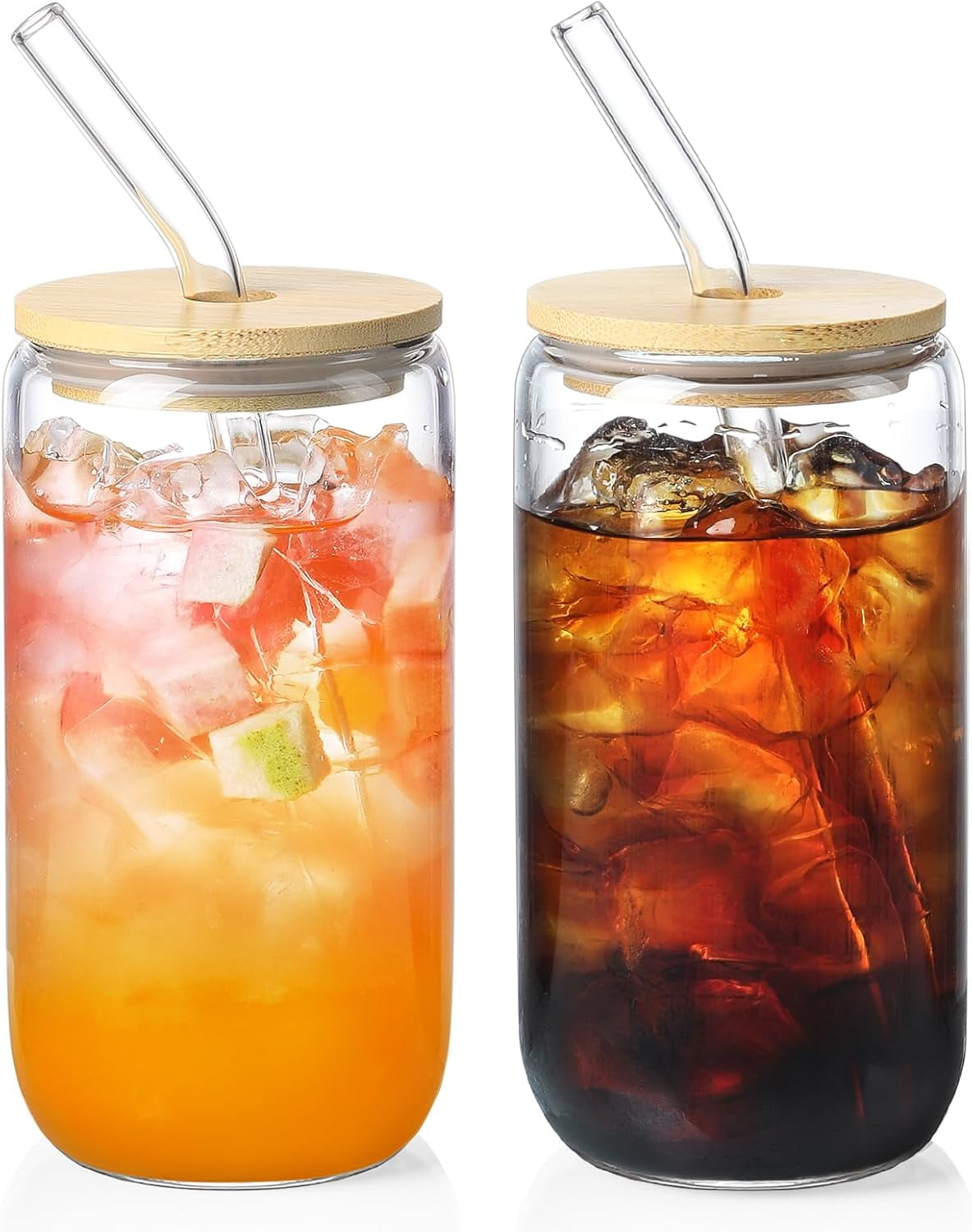 Drinking Glasses with Bamboo Lids and Glass Straw Glass Cups, Iced ...