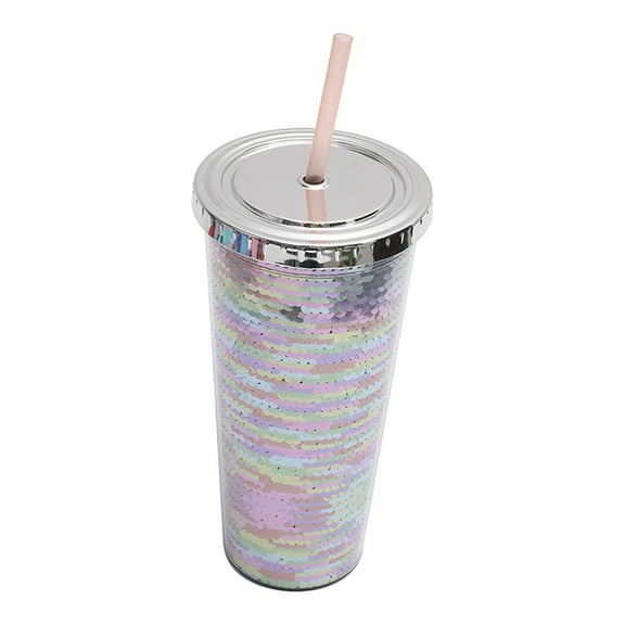 Drinking Glasses, Dienrx 800Ml Double-Layer Sequin Straw Cup - Sparkly Plastic Cold Drink Tumbler | Creative Design for Summer, Daily Use, Young Adults, Party Decor