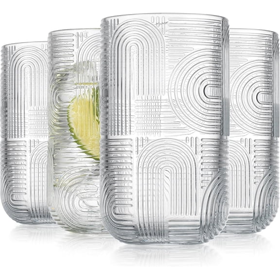 Drinking Glasses, Highball Glasses, 17 Ounce Thick Embossed Designed, Set of 4 Clear Kitchen Glassware For Everyday Elegant Serving Coolers, Urban Pattern Modern Drinking Glasses